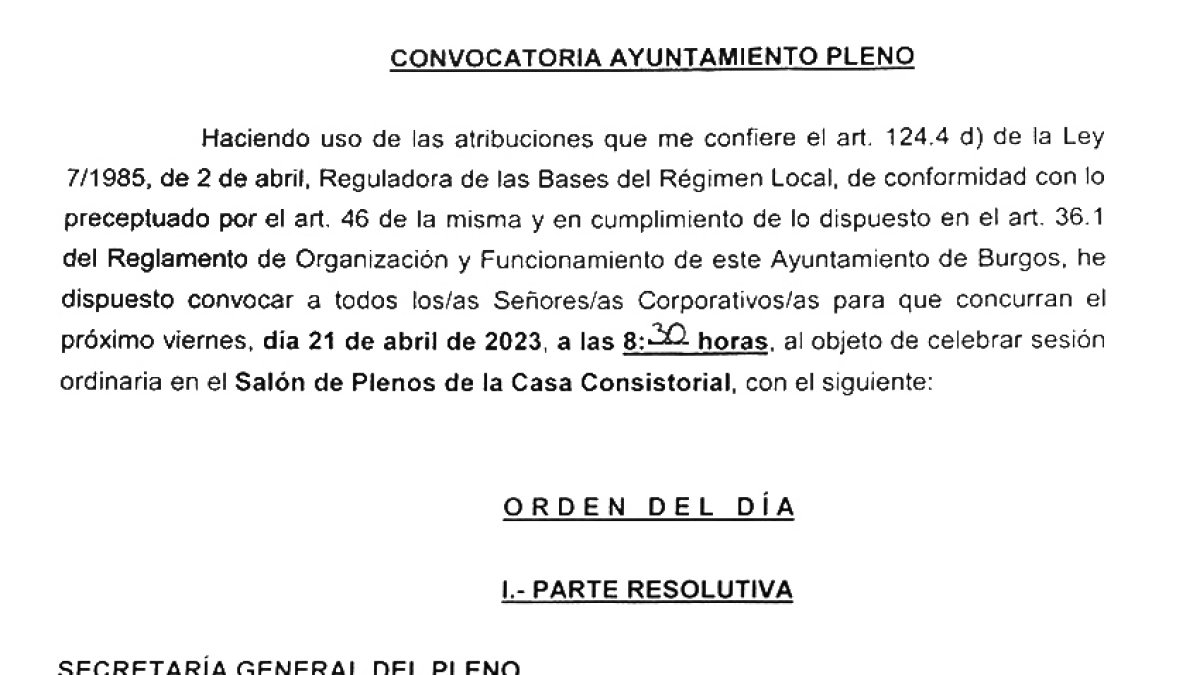 Orden del día del Pleno del Ayuntamiento de Burgos del próximo 21 de abril.