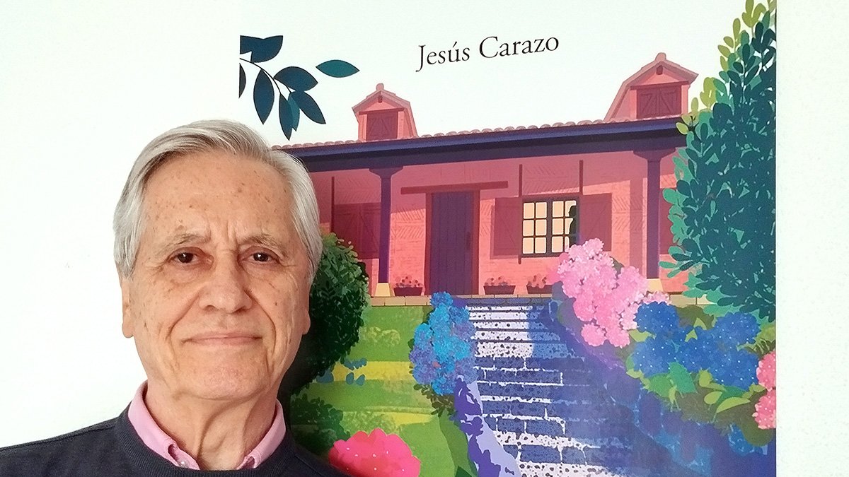 Jesús Carazo y la portada de su nuevo libro, obra de Maite Niebla.