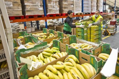 Dos voluntarios trabajan en el Banco de Alimentos ayer. ISRAEL L. MURILLO