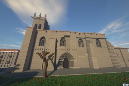 Reconstrucción con bloques de Minecraft del exterior de la iglesia de Villegas.