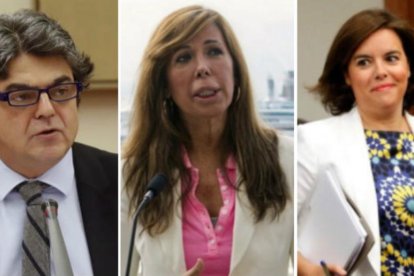 Jorge Moragas, Alicia Sánchez-Camacho y Soraya Sáenz de Santamaría, tres de los dirigentes del PP que JxSí quiere que comparezcan en la comisión de investigación sobre la 'operación Cataluña'.-