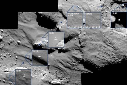 magen facilitada por la Agencia Espacial Europea (ESA) hoy 17 de noviembre de 2014 que muestra el aterrizaje del módulo Philae sobre la superficie del cometa 67P/Churyumov-Gerasimenko-Foto: EFE