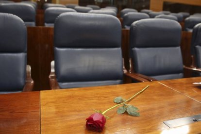 Una rosa en el escaño que ocupaba en la Asamblea de Madrid el secretario de Movimientos Sociales del PSOE, Pedro Zerolo, fallecido ayer a los 54 años a causa del cáncer de páncreas que padecía.-Foto: EFE