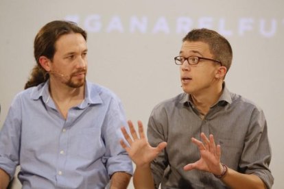 Pablo Iglesias e Íñigo Errejón, este miércoles, durante la presentación de la campaña de Podemos.-AGUSTÍN CATALAN