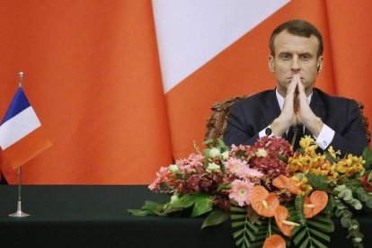 El presidente francés, Emmanuel Macron, durante la rueda de prensa conjunta con su homólogo chino, Xi Jinping, esta semana, en Pekín.-JASON LEE (AP)