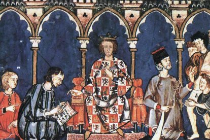 Alfonso X el Sabio en una miniatura medieval del 'Libro de los juegos'. ECB