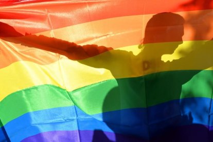 Un manifestante tras la bandera arcoiris en la Gay Parade de Kiev, en el 2013.-SERGEI SUPINSKY