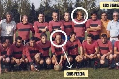 Foto de equipo del Villarcayo Nela CF de 1973, con Luis Suárez y Chus Pereda entre sus filas. ECB