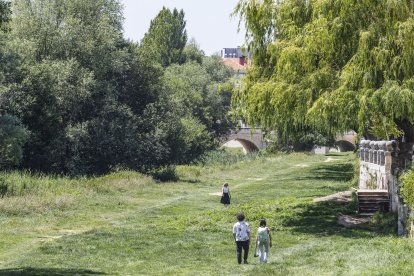 Varias personas pasean por la riberas del río Arlanzón en el centro de la ciudad.