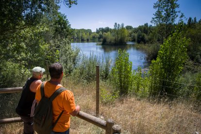 Dos excursionistas observan el humedal de Fuentes Blancas desde la plataforma de madera construida en los aledaños.