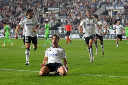 Curro celebra el gol marcado al Leganés.