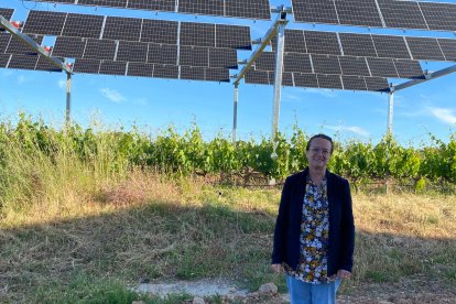 La enóloga, Aintzane Bernaola, de Bodegas San Gabriel
posa junto a la placa agrovoltaica