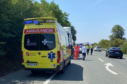 Una ambulancia junto al camión implicado en el accidente y agentes de Tráfico en la carretera N-I.