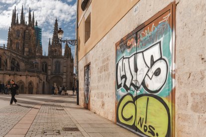 Pintada sobre una propiedad particular en la calle Fernán González, con vistas a la Catedral de Burgos.