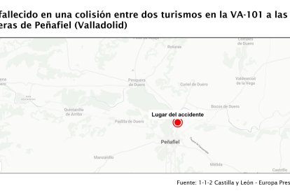 Mapa con el punto donde ha ocurrido el accidente en el que ha fallecido un varón de 50 años, en la VA-101 a las afueras de Peñafiel.