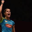 Carolina Marín celebra un punto en el partido de cuartos de final en el Mundial de Bádminton en Yakarta.-AFP / BAY ISMOYO