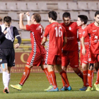 Isaac Aketxe, con los brazos en alto, celebra en El Plantío el gol que le marcó al Burgos el pasado 24 de enero.-SANTI OTERO