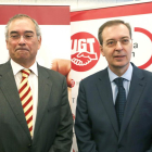 El presidente del CES, Germán Barrios, inaugura, junto al vicesecretario general de UGT, Evelio Angulo, la II Jornada RSC de Castilla y León 'Empresas hacia la RSC interna con los trabajadores'.-ICAL