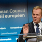 Donald Tusk, presidente del Consejo Europeo, en la rueda de prensa posterior a la reunión de los 28 celebrada en Bruselas.-THIERRY CHARLIER / AFP