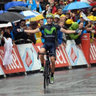 Jon Izaguirre celebra su victoria de etapa en Morzine.-AFP / LIONEL BONAVENTURE