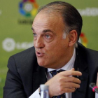El presidente de la Liga Profesional, Javier Tebas, en un acto en febrero pasado.-EFE