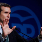 El presidente del PP, Pablo Casado, durante su comparecencia en la sede del partido el pasado 6 de agosto.-CHEMA MOYA (EFE)
