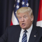 El presidente estadounidense, Donald Trump, ofrece una rueda de prensa junto a su homólogo palestino, Mahmud Abás, en el Palacio Presidencial en la localidad cisjordana de Belén.-EFE