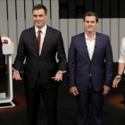 Mariano Rajoy , Pedro Sanchez, Pablo Iglesias y Albert Rivera, en el plató del debate a cuatro.-JOSE LUIS ROCA