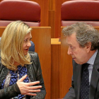 La consejera de Economía y Hacienda, Pilar del Olmo, y el titular de Presidencia, José Antonio de Santiago-Juárez, ayer en el Pleno-ICAL