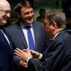 Planas, derecha, con el comisario europeo para Agricultura y Desarrollo Rural  Phil Hogan y el ministro belga de Agricultura, Denis Ducarme y el ministro regional de Agricultura de la region de Valona, René Collin.-