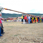 Un grupo de jóvenes levanta un pino de 25 metros en la anterior edición de la pingada del mayo.-RAQUEL FERNÁNDEZ