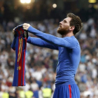 Messi, después del gol de la victoria en el Bernabéu en la pasada Liga-JUAN CARLOS HIDALGO / EFE