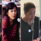 De izquierda a derecha, Mercedes Vallès, esposa de Fèlix Millet; Clara y Laila Millet, hijas del expresidente del Palau, y Mercedes Mir, esposa de Jordi Montull, este lunes, en la Ciutat de la Justícia.-