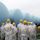 Inspectores internacionales revisan la situación de los tanques de agua en Fukushima, el pasado agosto.-AP