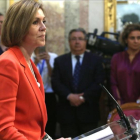 María Dolores de Cospedal, durante la rueda de prensa que dio el 31 de mayo en el Congreso para descartar que Mariano Rajoy fuera a dimitir para boicotear la moción de censura.-DAVID CASTRO