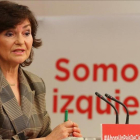 La secretaria de Igualdad del PSOE, Carmen Calvo, este viernes en la sede del partido.-JUAN MANUEL PRATS