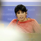 La líder de Podemos Andalucía, Teresa Rodríguez, este miércoles en una rueda de prensa.-Foto:   EFE / RAÚL CARO