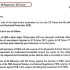 Extracto del escrito realizado por FIBA a la FEB en el que insiste en que el CB Tizona está sancionado.-ECB