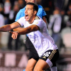 Álvaro Rodríguez celebra el gol conseguido ante el Huesca. SANTI OTERO