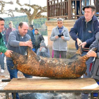 Vecinos con experiencia en la matanza cogen al gorrino bajo la atenta mirada de adultos y pequeños.-R.F.