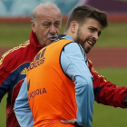 Gerard Piqué y Vicente del Bosque, durante un entrenamiento.-EFE / JUAN CARLOS CÁRDENAS