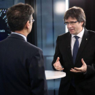 El 'president' Puigdemont, durante la entrevista a la cadena Euronews.-JORDI BEDMAR