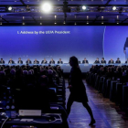 Ceferin, reflejado en la pantalla gigante durante su discurso.-EPA/ANSA