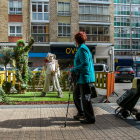 Unos viandantes observan el jardín improvisado en la calle Francisco Grandmontagne, de Gamonal. TOMÁS ALONSO