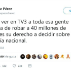 Tuit del alcalde de Gimenells y Pla de la Font (Lleida), Dante Pérez, durante la retransmisión del documental del programa Sense Ficció de TV3 sobre el referéndum del 1-O.-@DANTEPEREZBEREN (TWITTER)