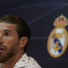 Sergio Ramos durante la rueda de prensa de esta tarde en Valdebebas.-JOSÉ LUIS ROCA