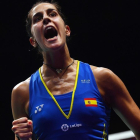 Carolina Marín celebra un punto.-AFP / JOHANNES EISELE