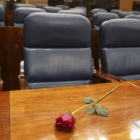 Una rosa en el escaño que ocupaba en la Asamblea de Madrid el secretario de Movimientos Sociales del PSOE, Pedro Zerolo, fallecido ayer a los 54 años a causa del cáncer de páncreas que padecía.-Foto: EFE