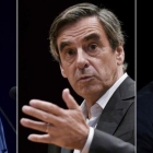 Los tres grandes favoritos en las primarias de la derecha francesa: Juppé (derecha), Fillon (centro) y Sarkozy.-AFP / LOIC VENANCE