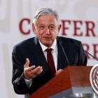 El presidente de Mexico  Andres Manuel Lopez Obrador  en una rueda de prensa en el Palacio Nacional.-EFE